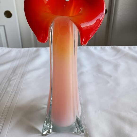 Red Orange Blown Art Glass Murano Style 12" High Vase with Square bottom - Picture 2 of 7